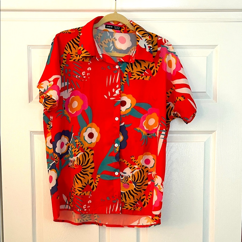 Vibrant Red Floral and Tiger Print Shirt